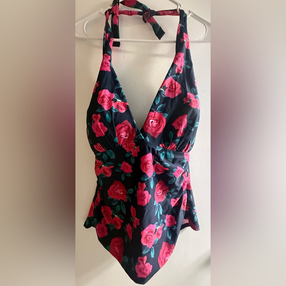 Floral Halter Bikini Top - Black and Pink